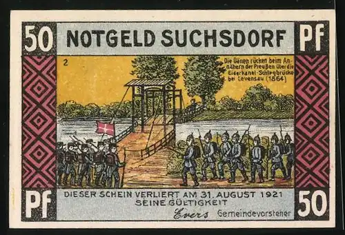 Notgeld Suchsdorf 1921, 50 Pfennig, Hochbrücke bei Levensau, Preussen rücken näher