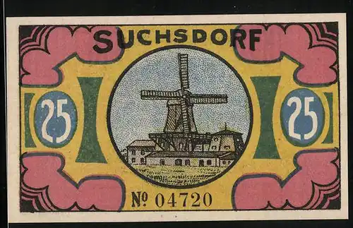 Notgeld Suchsdorf 1921, 25 Pfennig, Mühle, Ritter bei der Wahlstatt