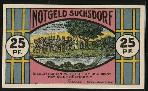 Notgeld Suchsdorf 1921, 25 Pfennig, Mühle, Ritter bei der Wahlstatt