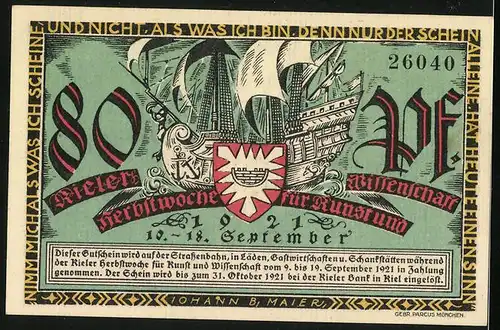 Notgeld Kiel 1921, 80 Pfennig, Gründer Christian Albrecht und Kielmann, Segelschiff mit Wappen