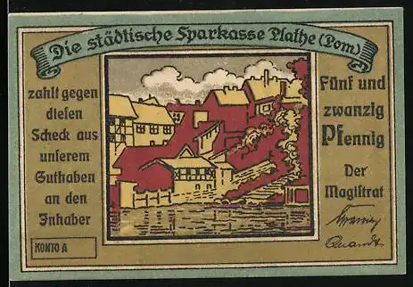 Notgeld Plathe, 25 Pfennig, Rathaus, Ortsansicht am Wasser