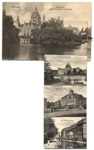 Leporello-AK Hannover, Maschpark und Blick aufs neue Rathaus, Ernst August-Denkmal, Georgstrasse