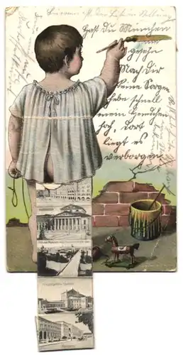 Leporello-AK München, Ansichten hinterm Gewand, Frauenkirche, Residenz, Hoftheater, Nationalmuseum