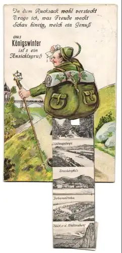 Leporello-AK Königswinter, Ansichten hinterm Rucksack, Schloss Drachenburg, Silbergebirge, Zahnradbahn