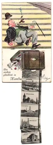 Leporello-AK Hamburg, Ansichten hinterm Koffer, Hauptbahnhof, Jungfernstieg, Alsterpavillon, Neue Elbbrücke