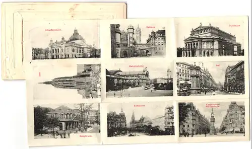 Leporello-AK Frankfurt a. M., Kaiserstrasse mit Uhrturm, Rossmarkt, Hauptwache, Hauptbahnhof