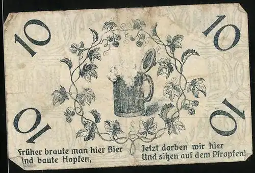 Notgeld Gardelegen e.V. 1920, 10 Pfennig, Blick aufs Vereinshaus, ein Krug Bier