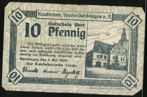 Notgeld Gardelegen e.V. 1920, 10 Pfennig, Blick aufs Vereinshaus, ein Krug Bier