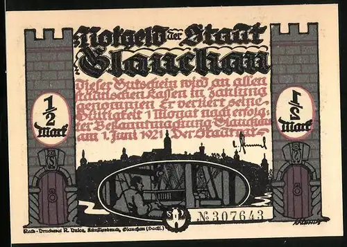 Notgeld Glauchau 1921, 1 /2 Mark, Zwei Ordnungshüter bei Hebel