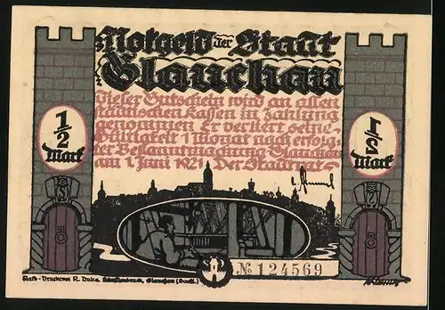 Notgeld Glauchau 1921, 1 /2 Mark, Dorfschaft huldigen Hebel