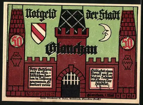 Notgeld Glauchau 1921, 50 Pfennig, Bürgermeister bezahlt zwei Bauern, Buttermilchturm im Hintergrund