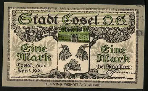 Notgeld Gosel 1921, 1 Mark, Wappen und Industriehafen