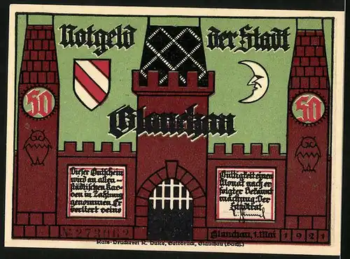 Notgeld Glauchau 1921, Bürgermeister lässt zwei Bauern in den Turm stecken