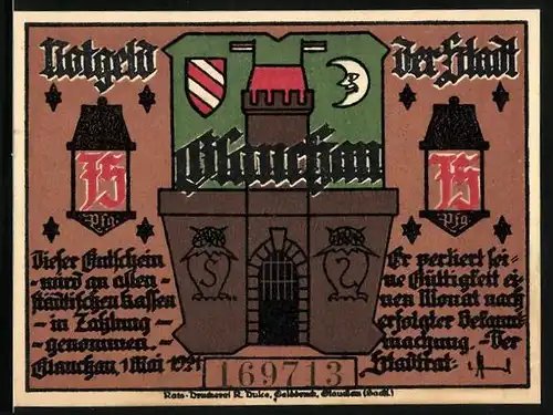 Notgeld Glauchau 1921, 75 Pfennig, Kleiner Junge rettet die Ehre der Stadt