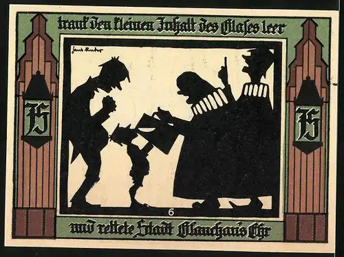 Notgeld Glauchau 1921, 75 Pfennig, Kleiner Junge rettet die Ehre der Stadt