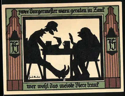 Notgeld Glauchau 1921, 75 Pfennig, Zwei Bürgermeister trinken um die Wette