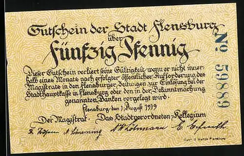 Notgeld Flensburg 1919, 50 Pfennig, Wappen und Industriehafen