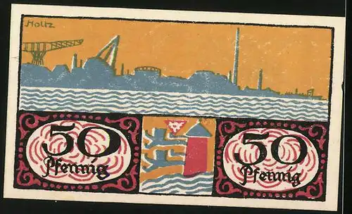 Notgeld Flensburg 1919, 50 Pfennig, Wappen und Industriehafen