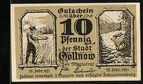 Notgeld Gollnow 1921, 10 Pfennig, Bauer bei der Aussaat, Hirsch im Wald, Blick auf die Kirche