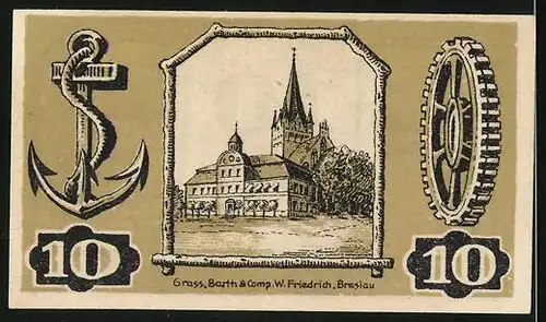 Notgeld Gollnow 1921, 10 Pfennig, Bauer bei der Aussaat, Hirsch im Wald, Blick auf die Kirche