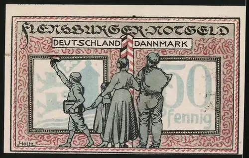 Notgeld Flensburg 1920, 50 Pfennig, Familie vor einem Wegweiser Deutschland-Dannmark