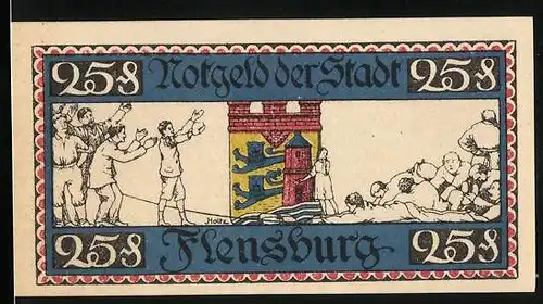 Notgeld Flensburg 1920, 25 Pfennig, Wappen, Ein Team bejubelt ihren Sieg beim Tauziehen