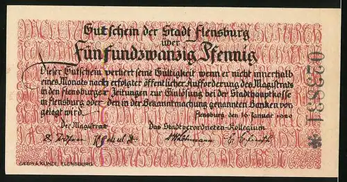 Notgeld Flensburg 1920, 25 Pfennig, Wappen, Ein Team bejubelt ihren Sieg beim Tauziehen