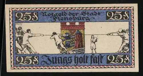 Notgeld Flensburg 1920, 25 Pfennig, Zwei Mannschaften beim Tauziehen
