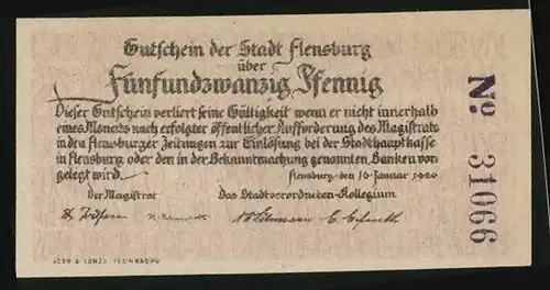 Notgeld Flensburg 1920, 25 Pfennig, Zwei Mannschaften beim Tauziehen