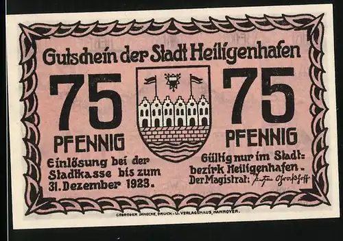 Notgeld Heiligenhafen 1923, 75 Pfennig, Wappen, Blick aufs alte Rathaus