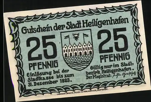 Notgeld Heiligenhafen 1923, 25 Pfennig, Wappen, Kuh am Wasser