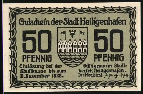 Notgeld Heiligenhafen 1923, 50 Pfennig, Wappen, Strassenpartie an der Kirche