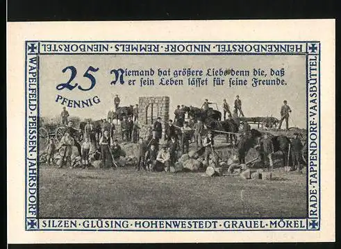 Notgeld Hohenwestedt 1921, 25 Pfennig, Eine Gruppe Arbeiter beim Hausbau