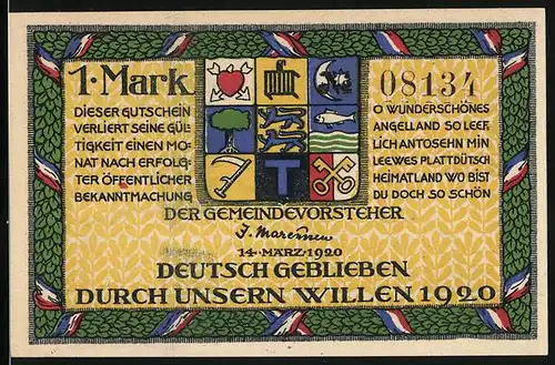 Notgeld Holnis 1920, 1 Mark, Wappen, Rolf Krake auf der Flucht