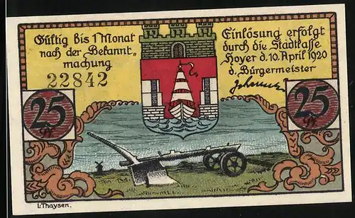 Notgeld Hoyer 1920, 25 Pfennig, Wappen, Wasserhochstand