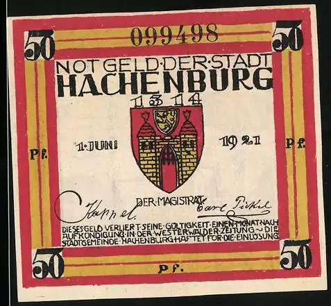 Notgeld Hachenburg 1921, 50 Pfennig, Wappen und Ortsansicht mit Kirche