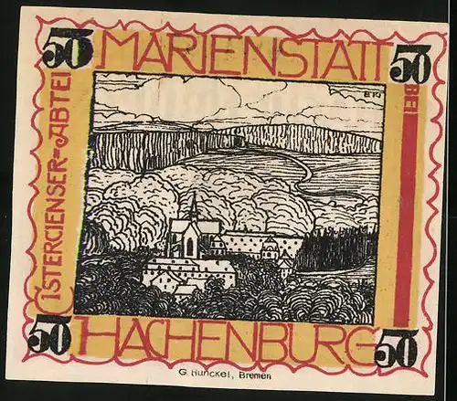 Notgeld Hachenburg 1921, 50 Pfennig, Wappen und Ortsansicht mit Kirche