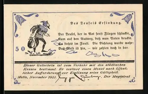 Notgeld Melle 1921, 50 Pfennig, Des Teufels Erfindung