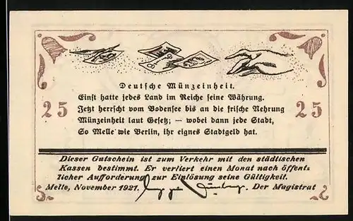 Notgeld Melle 1921, 25 Pfennig, Deutsche Münzeinheit