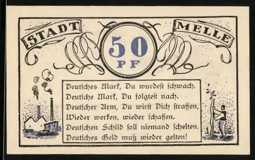 Notgeld Melle 1921, 50 Pfennig, Ausgemergelter Esel zieht einen Wagen