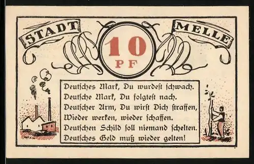 Notgeld Melle 1921, 10 Pfennig, Bauer bei der Saat, Kartoffelnot