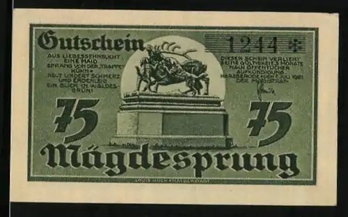 Notgeld Mägdesprung 1921, 75 Pfennig, Hirschstatue, Ortsansicht mit Obelisk
