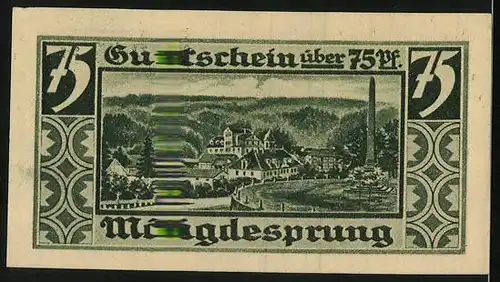 Notgeld Mägdesprung 1921, 75 Pfennig, Hirschstatue, Ortsansicht mit Obelisk