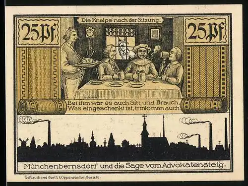 Notgeld Münchenbernsdorf 1921, 25 Pfennig, Der Mönch, die Kneipe nach der Sitzung