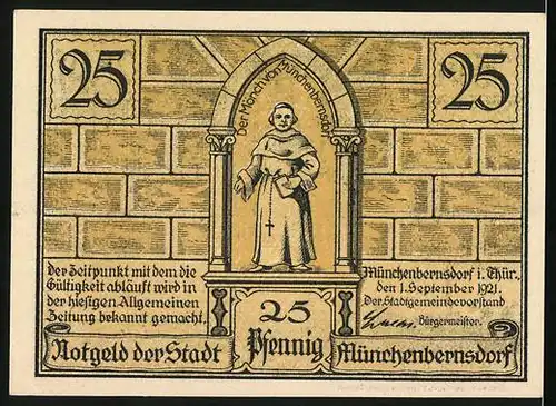 Notgeld Münchenbernsdorf 1921, 25 Pfennig, Der Mönch, die Kneipe nach der Sitzung