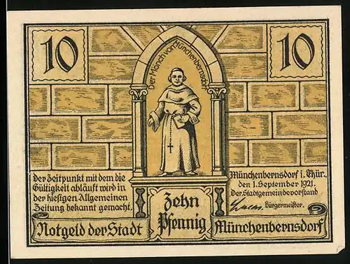 Notgeld Münchenbernsdorf 1921, 10 Pfennig, Der Mönch, die Gerichts-Sitzung