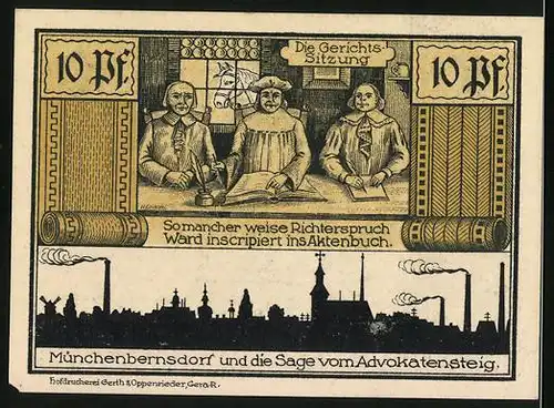 Notgeld Münchenbernsdorf 1921, 10 Pfennig, Der Mönch, die Gerichts-Sitzung