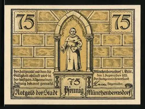 Notgeld Münchenbernsdorf 1921, 75 Pfennig, der Mönch, auf der Hohenreuth