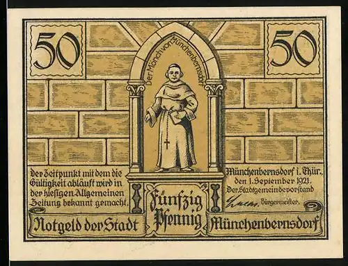 Notgeld Münchenbernsdorf 1921, 50 Pfennig, der Mönch, der Heimritt nach Weida