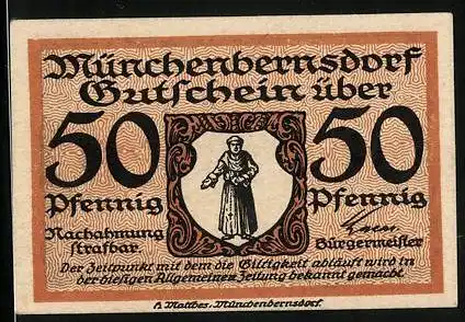 Notgeld Münchenbernsdorf, 50 Pfennig, Teppiche, Decken, Läufer, der Mönch